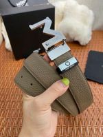 1:1  Montblanc Chocolate& Black Leather Belt with Silver Logo Buckle Steel Buckle  3.5cm